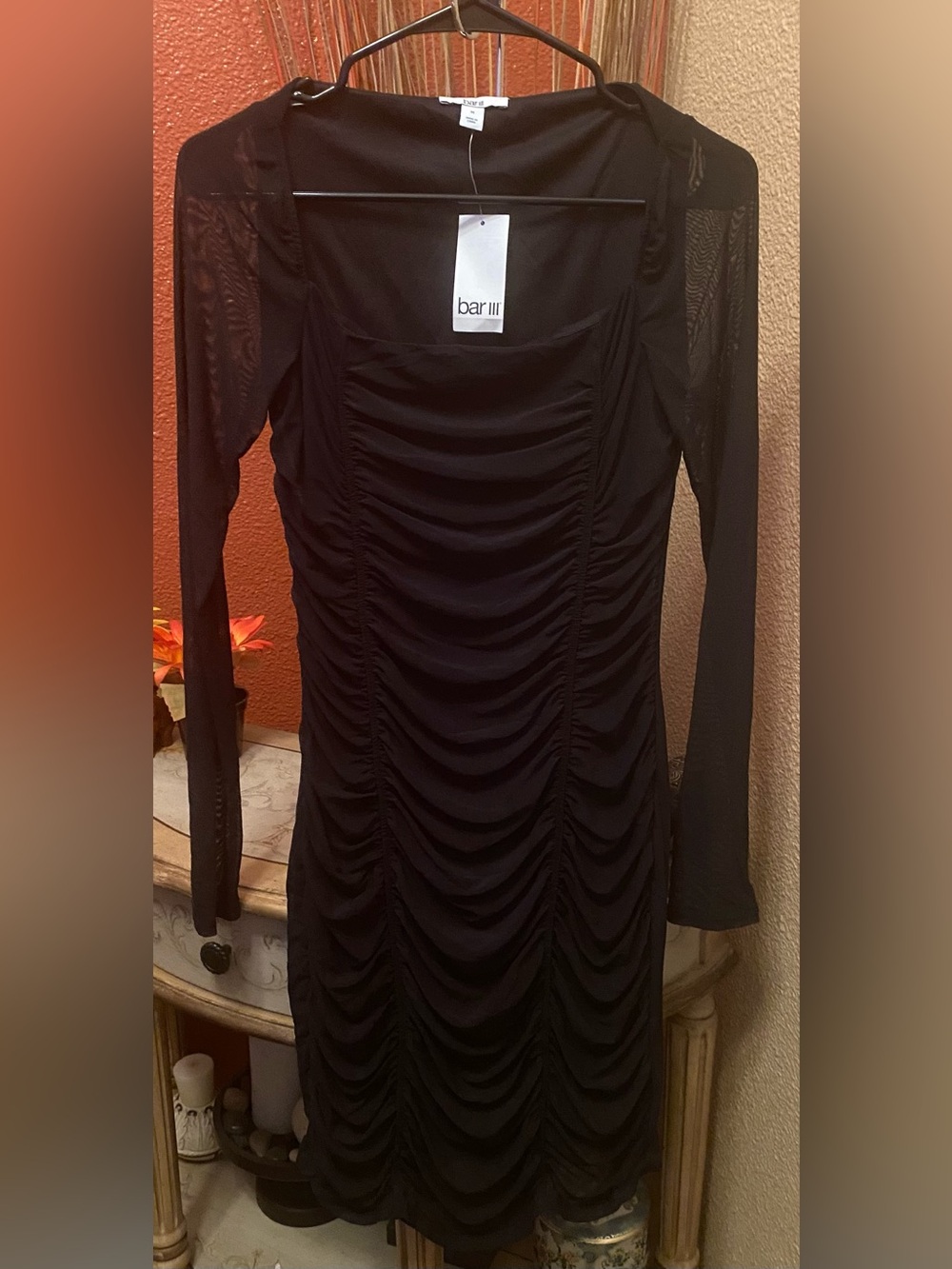 Bar III - New - Black Ruched Mesh Long Sleeve Mini Dress - Picture 3 of 9